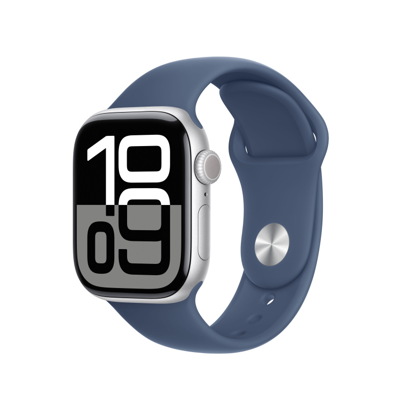 Apple Watch Series 10 Cellular 42mm Stříbrný hliník s denimovým sportovním řemínkem S/M