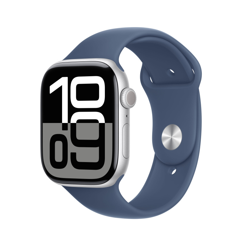 Apple Watch Series 10 Cellular 46mm Stříbrný hliník s denimovým sportovním řemínkem M/L