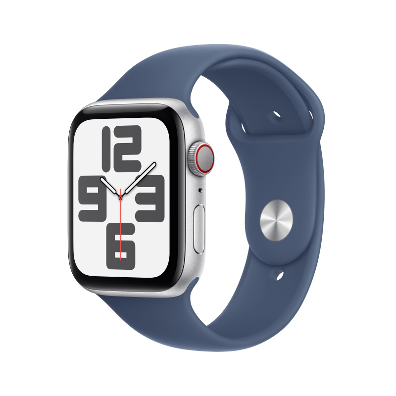 Apple Watch SE (2024) Cellular 44mm Stříbrný hliník s denimovým sportovním řemínkem M/L