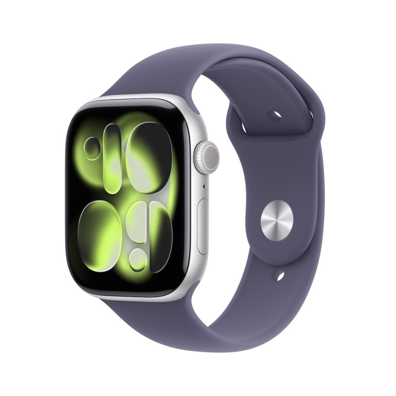 Apple Watch Series 11 (46mm) Stříbrný hliník s mlžně fialovým sportovním řemínkem M/L