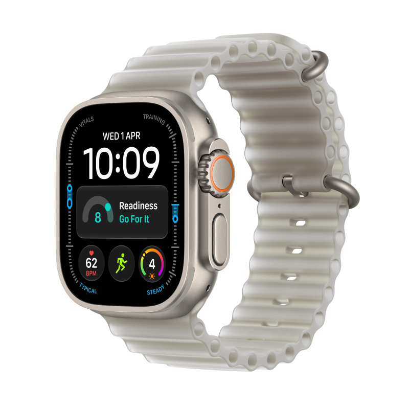 Apple Watch Ultra 4 49mm Přírodní titan s průsvitně šedým Oceánským řemínkem