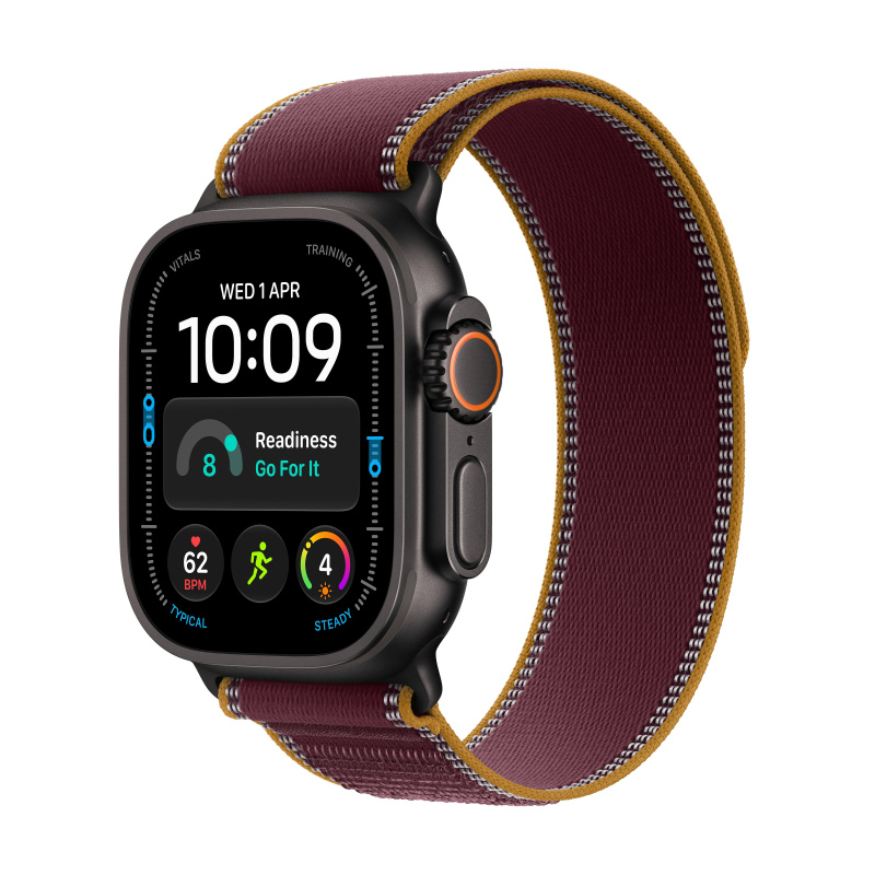Apple Watch Ultra 4 49mm Černý titan s burgundsky červeným Trailovým tahem M/L