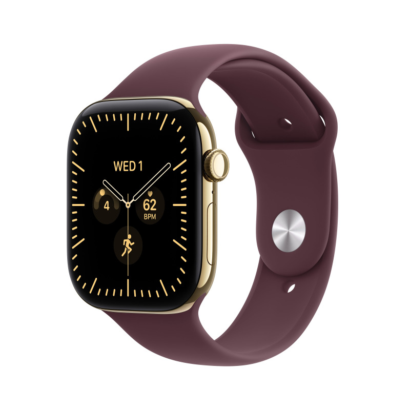 Apple Watch Series 12 Cellular (42mm) Zářivě zlatý titan s burgundsky červeným sportovním řemínkem M