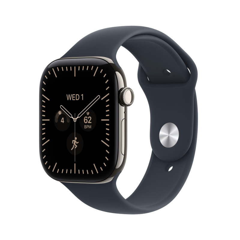 Apple Watch Series 12 Cellular (46mm) Přírodní titan s námořnicky modrým sportovním řemínkem M/L