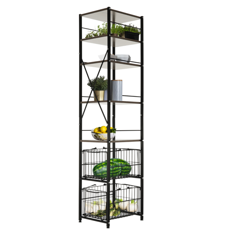 7-řadový regál s košíky, černá / přírodní, RATTO