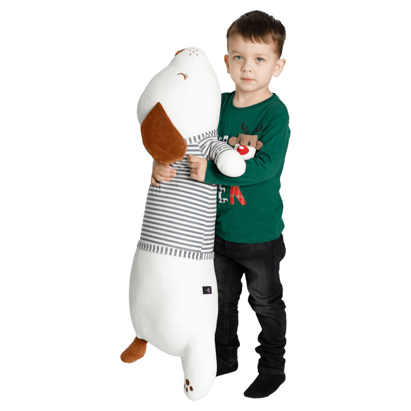 Plyšový pejsek, bílá / hnědá / šedý proužek, 92cm, KINGO TYP 2
