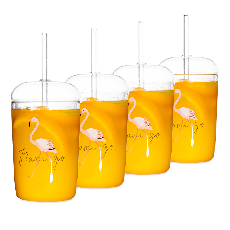 Sklenice na drink, set 4 ks, s víkem a brčkem, 350 ml, HOTCOLD TYP 16