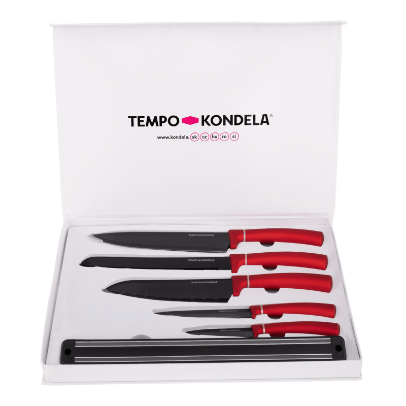 TEMPO-KONDELA LONAN, sada nožů, set 6 ks, s držákem, červená