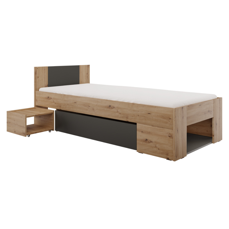 Postel s úložným prostorem, 90x200, dub artisan/antracit, UNIS