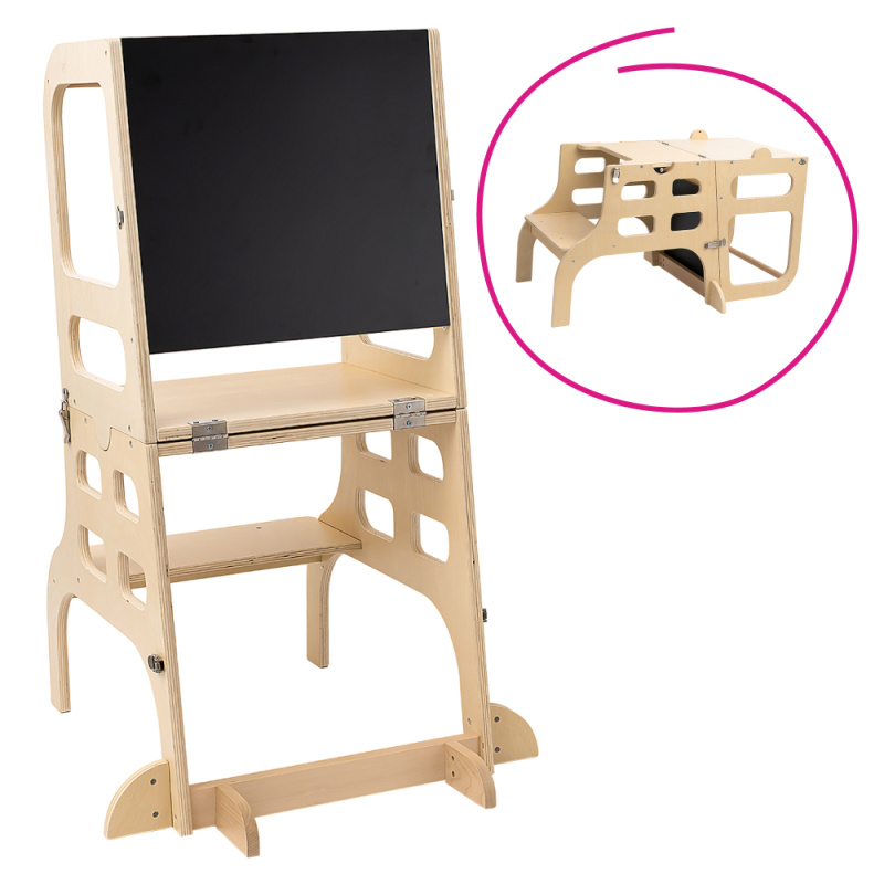 Montessori učící věž 3v1 s tabulí, přírodní, MAGAN