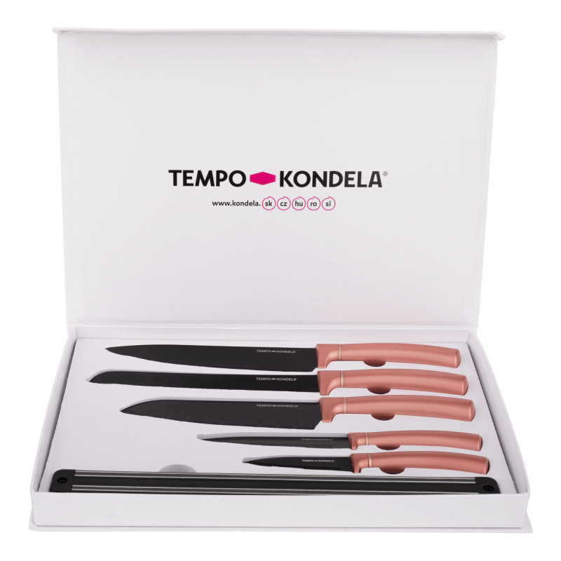 TEMPO-KONDELA LONAN, sada nožů, set 6 ks, s držákem, rose gold P1, poškozené zboží