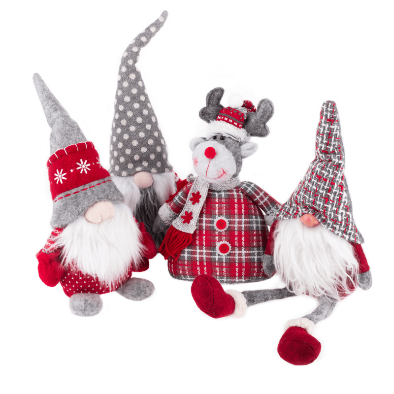 Vánoční dekorační postavičky, set 4 ks, látka, červená/šedá/bílá, DOLL R3, rozbalené zboží