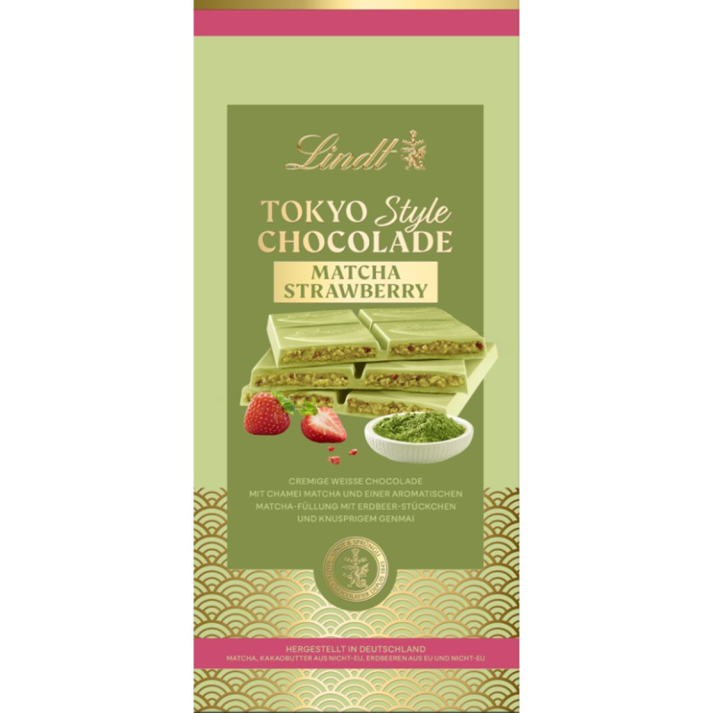 Lindt Tokyo Style bílá čokoláda s matchou a jahodovými kousky