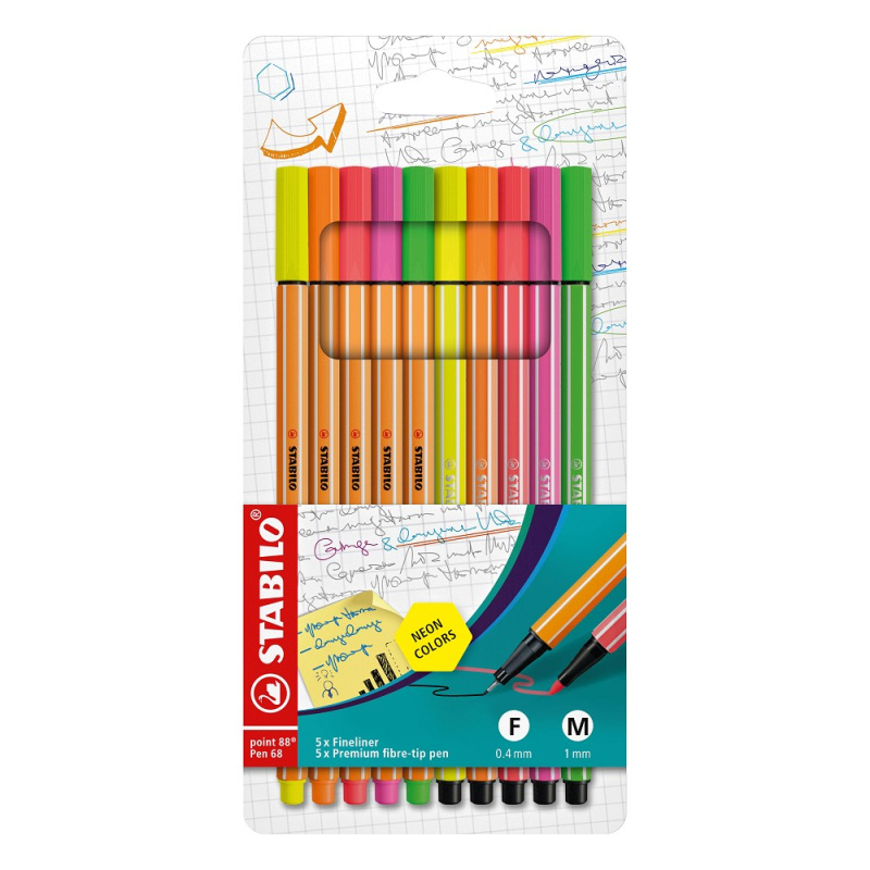 Popisovač STABILO point liner 88/Pen 68 neon (sada 10 ks v pouzdru)