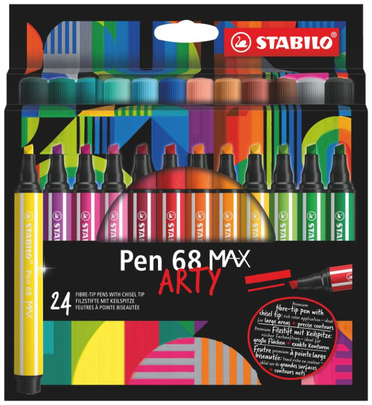 Prémiová vláknová fixka s hrubým klinovým hrotom - STABILO Pen 68 MAX - ARTY - 24 ks sada