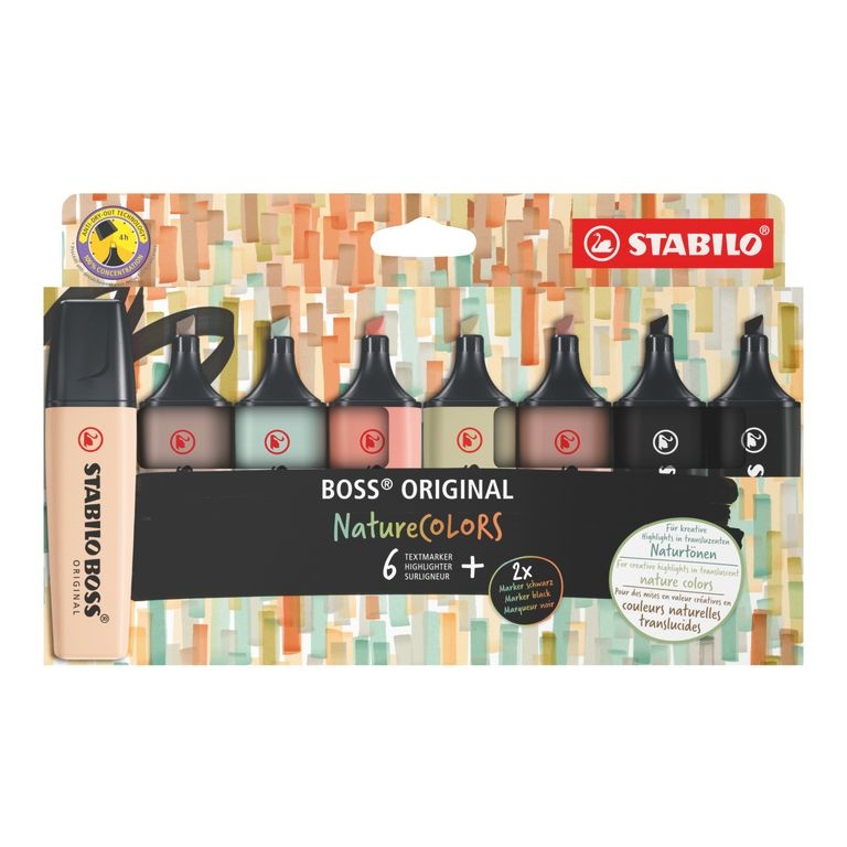 Zvýrazňovač - STABILO BOSS ORIGINAL NatureCOLORS - 8 ks sada - béžová, teplá šedá, zemitá zelená, bahenná zelená, siena, umbra, 2x čierna