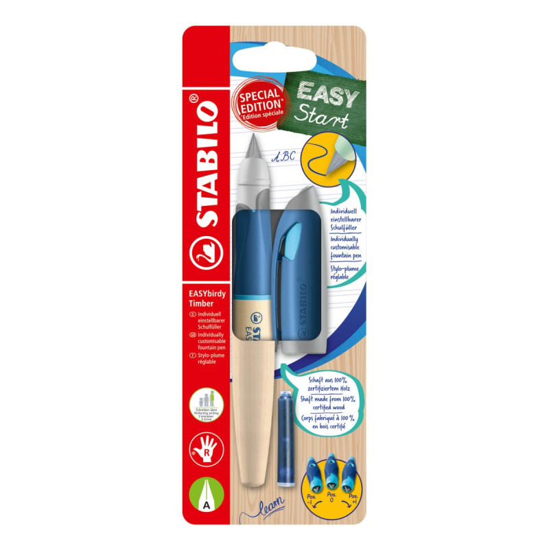 Ergonomické plnicí pero pro praváky - STABILO EASYbirdy Timber modrá vč. bombičky