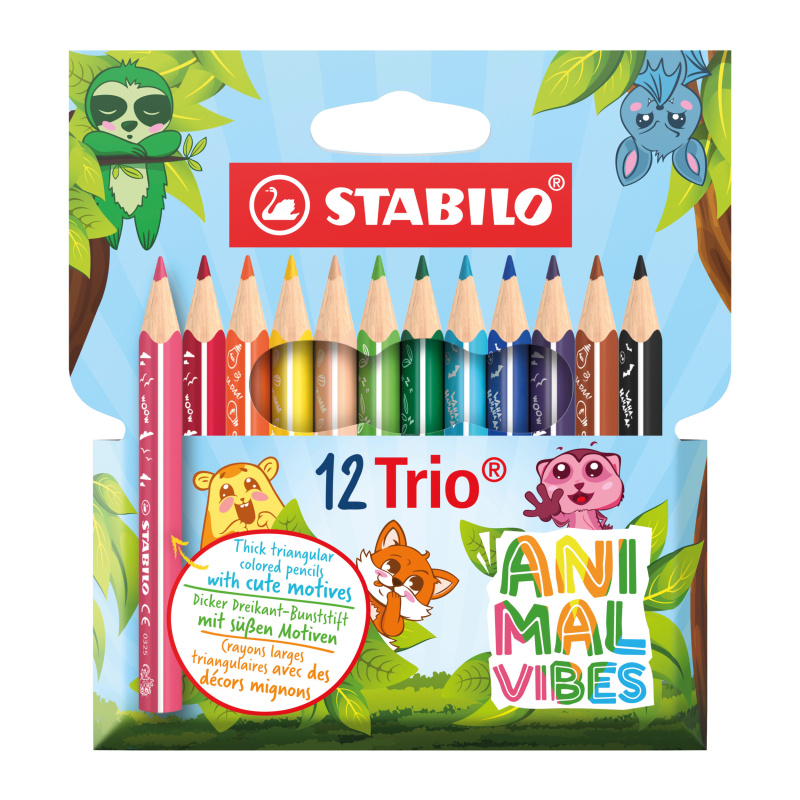 Trojhranná farbička - STABILO Trio hrubá krátka - 12 ks sada - s motívmi zvierat