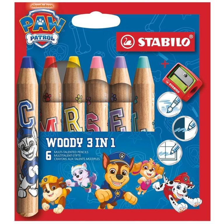 STABILO woody 3 in 1 PAW Patrol - 6 ks sada včetně ořezávátka - s potisky PAW Patrol