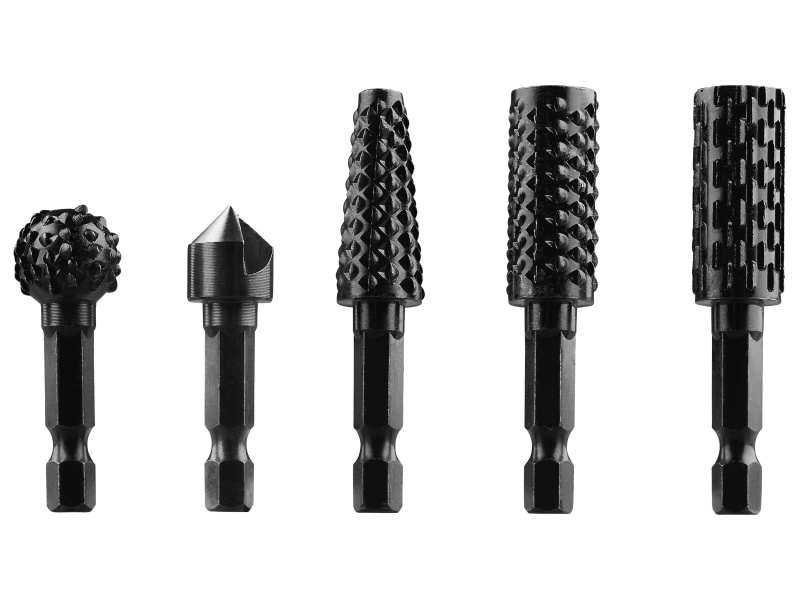 Parkside® Rotační rašple / Kartáč na strukturování dřeva / Sada rašplí a záhlubníků / Vrták na štípání dřeva (sada rašplí a záhlubníků, 5dílná)