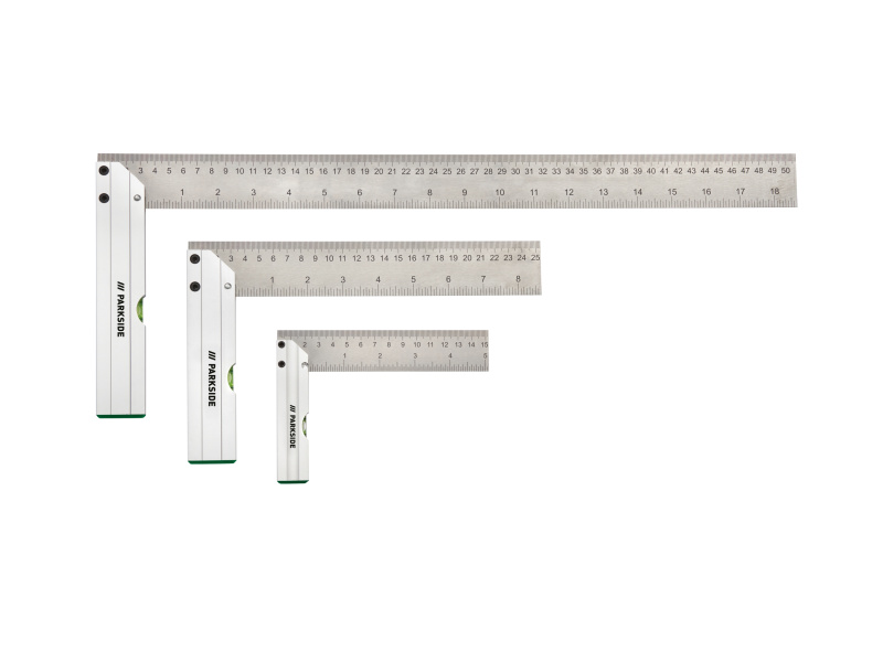 Parkside® Značkovací vodováha / Pomůcka na hmoždinky / Sada úhelníků / Pomůcka na řezání úhlů (sada úhelníků, 3dílná)