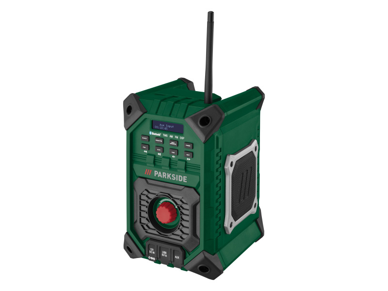 Parkside® Aku stavební rádio 20 V / 12 V / 230 V »Prfma 20-Li A1«, bez akumulátoru a nabíječky, se síťovým adaptérem