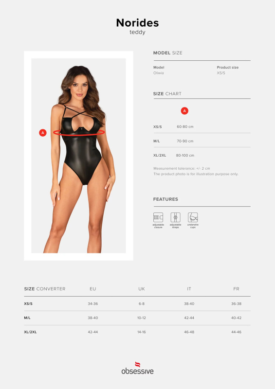 Elegantní body Norides teddy - Obsessive černá XS/S