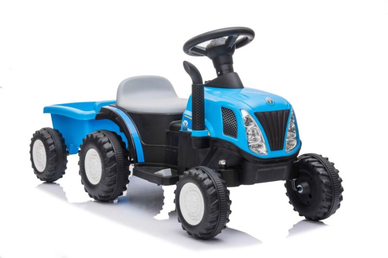 Dětský modrý traktor na baterii s přívěsem