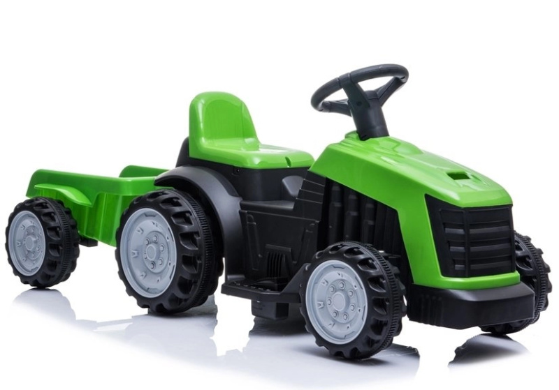 Zelený akumulátorový traktor s přívěsem