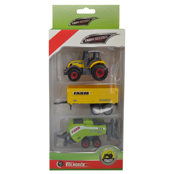 FARM SERVICE - Set zemědělských strojů: traktor, valnik, lis na slámu 1:64