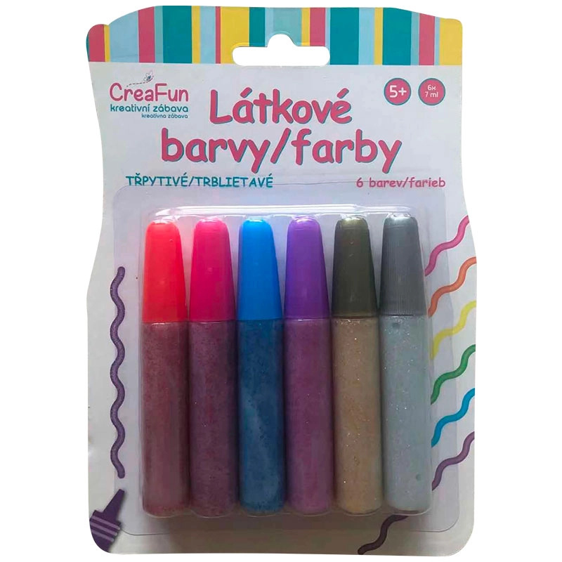 CreaFun látkové barvy se třpytkami – sada 6×42 ml