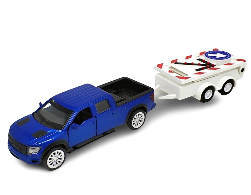 Kovový model - 1:52 Ford F-150 SVT Raptor se silničním výstražným vozíkem