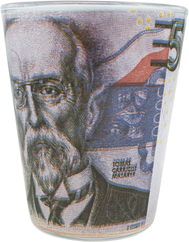 Skleněný panák s motivem historické bankovky 5 Kč T. G. Masaryk