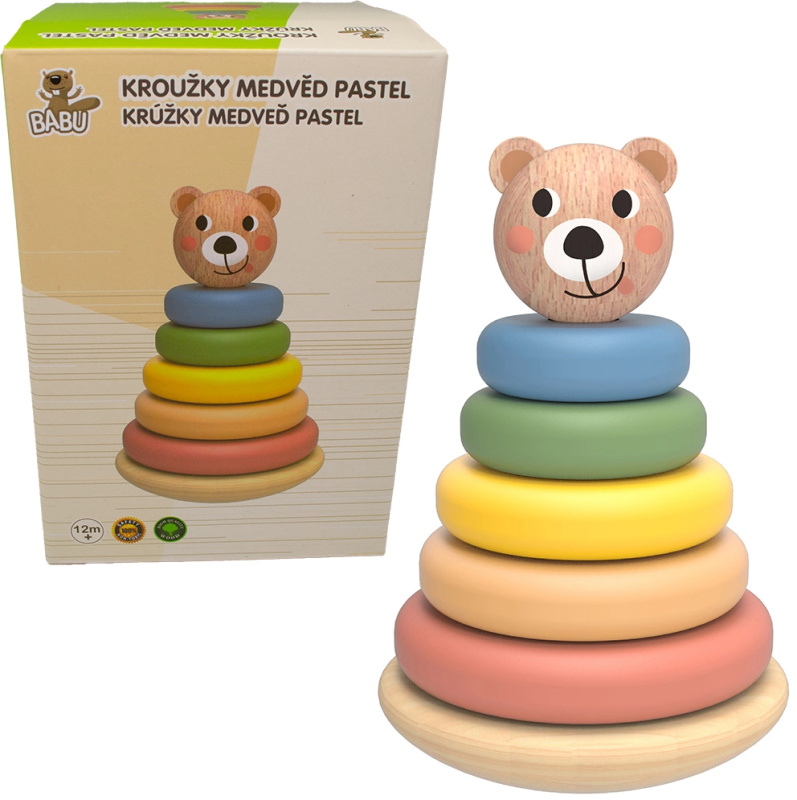 BABU - Skládací pyramida pastelové kroužky MEDVĚD