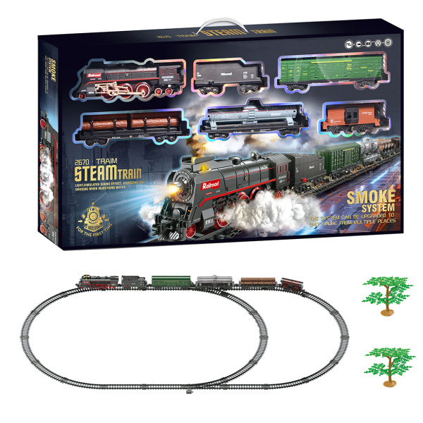 SET Elektrická vláčkodráha -  Parní lokomotiva s kouřem, světlem a zvukem na baterie 89 ks