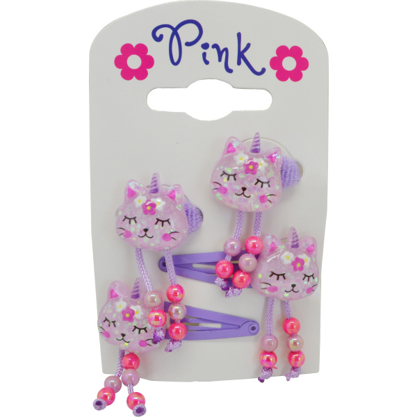 Vlasové doplňky Jednorožec Kočka - sada 4 ks (2 sponky, 2 gumičky)