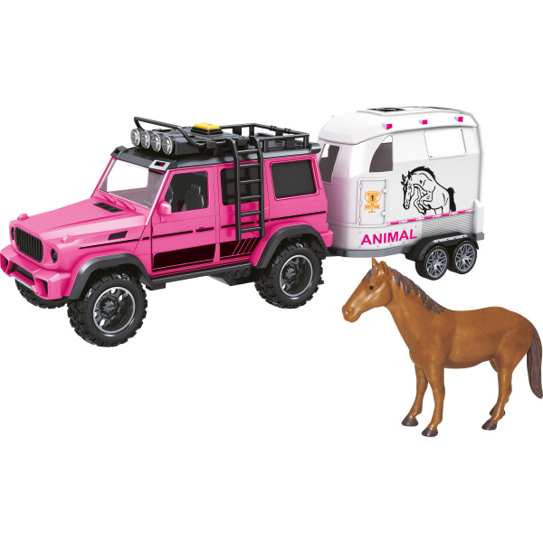 CITY SERVICE CAR - 1:14 - Růžové terénní vozidlo s přívěsem a koněm (se zvukem a světly)