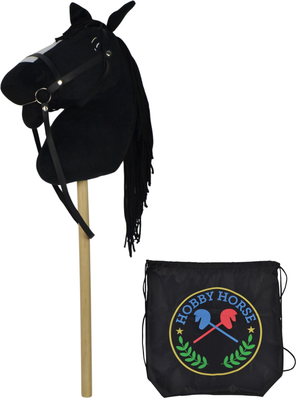 Černý kůň na tyči 73 cm, s černým batohem, se zvukem koně