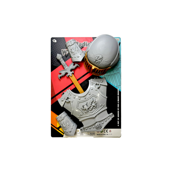 Rytířská sada se stříbrným mečem, zbrojí a helmou