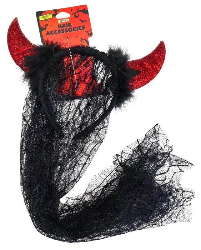 Halloween čelenka rohy a černý závoj