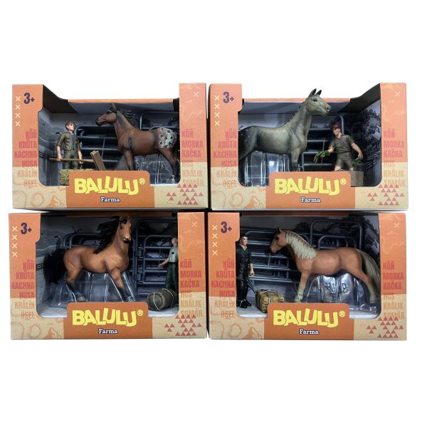 BALULU - Herní set Kůň s ošetřovatelem a výbavou, 4 druhy