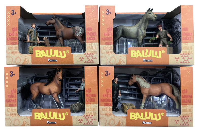 BALULU - Herní set Kůň s ošetřovatelem a výbavou, 4 druhy