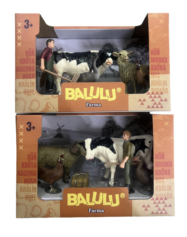 BALULU - Herní set Kráva a hospodářská zvířata s farmářem, 2 druhy