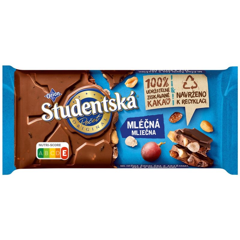 Orion Studentská pečeť mléčná čokoláda s arašídy, rozinkami a želé