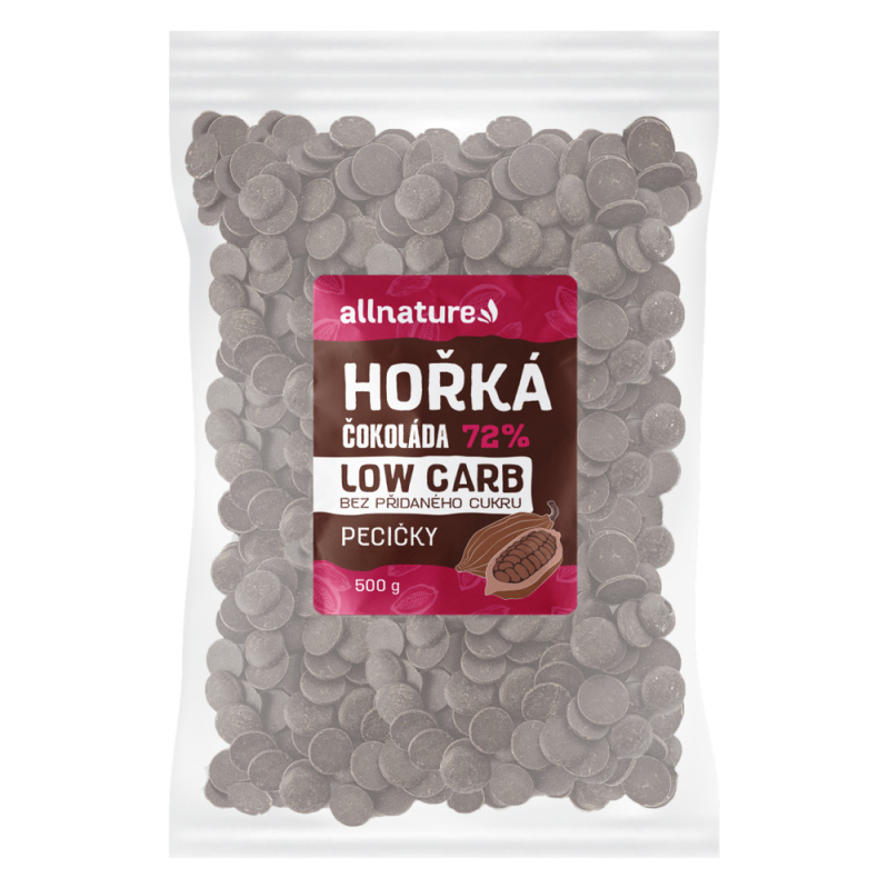 Allnature LOW CARB Čokoláda hořká 72% pecičky, 500 g